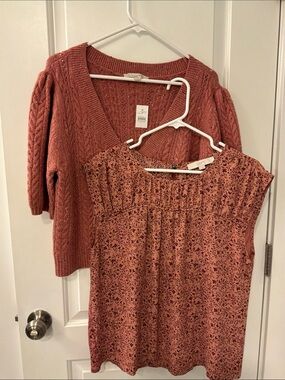 LOFT Bundle: Heather Rose Pink Cable-Knit Cardigan & Ditsy Floral Blouse